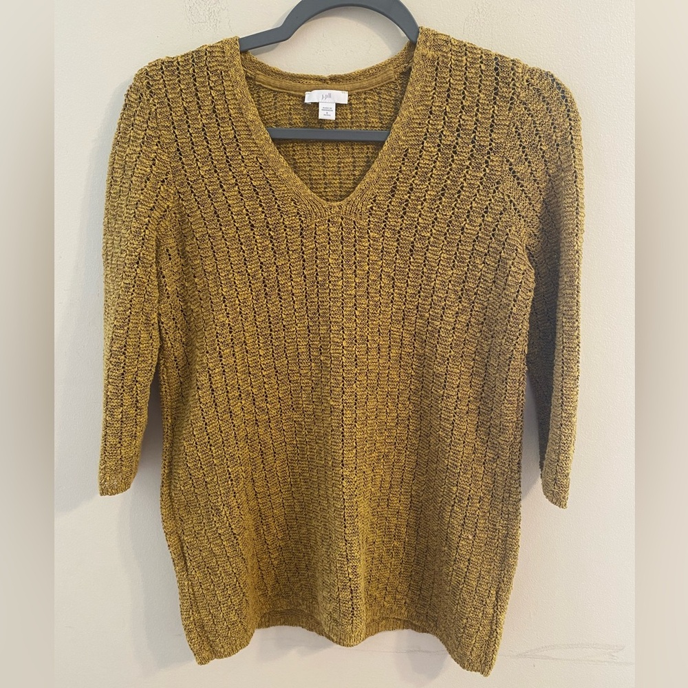 J. Jill Open Knit V-Neck Pullover Sweater in Mustard Yellow Size SP Small Petite